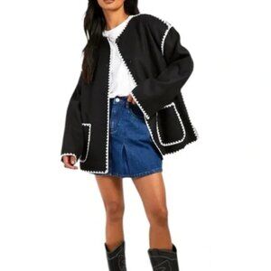 COMMENSE Embroidered Trim Fleece Kimono Jacket - BLACK/WHITE